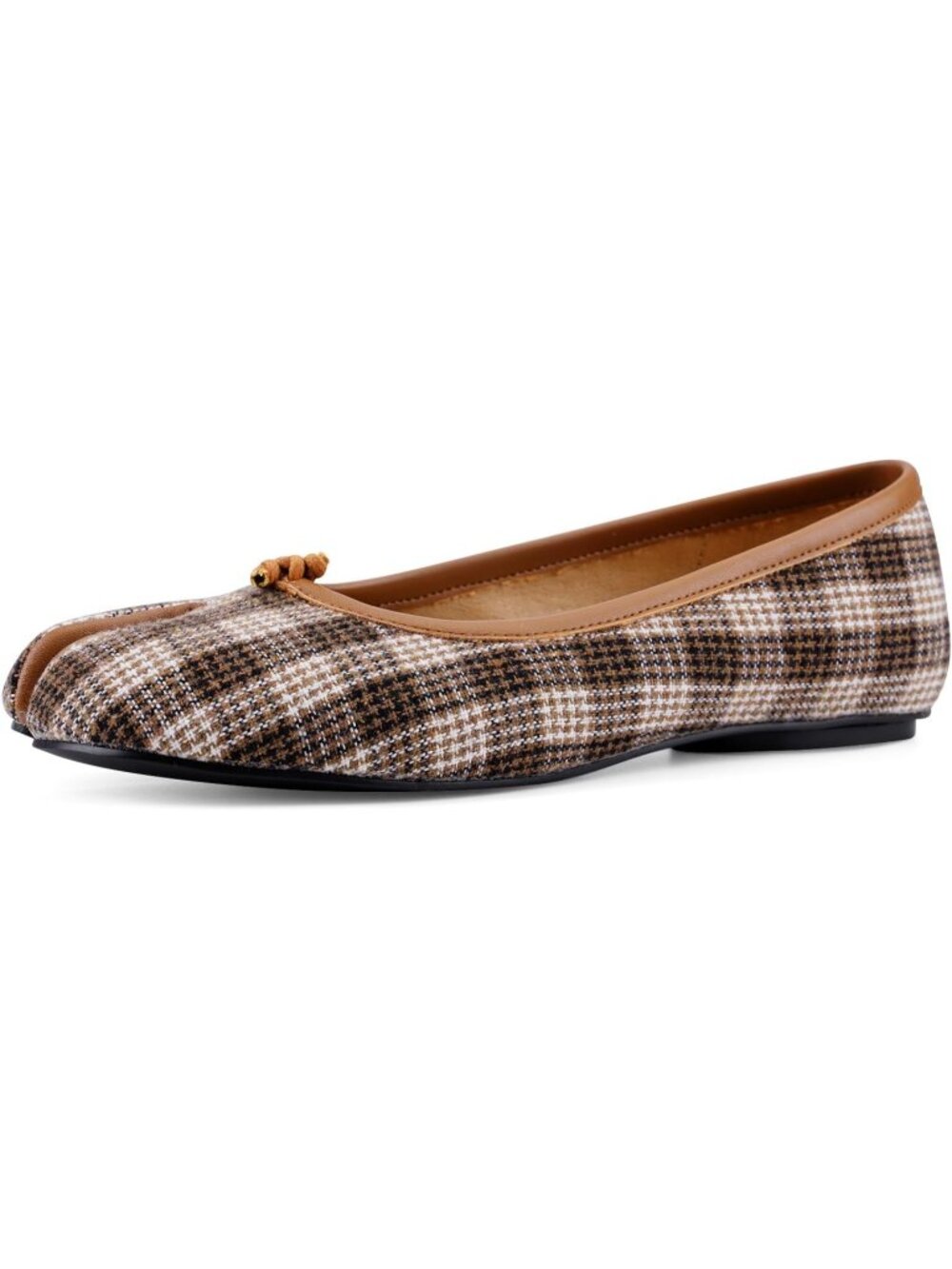 Women's Brown Plaid Comfort Tabi Split Toe Low Heel Casual Ballet Flat Shoes